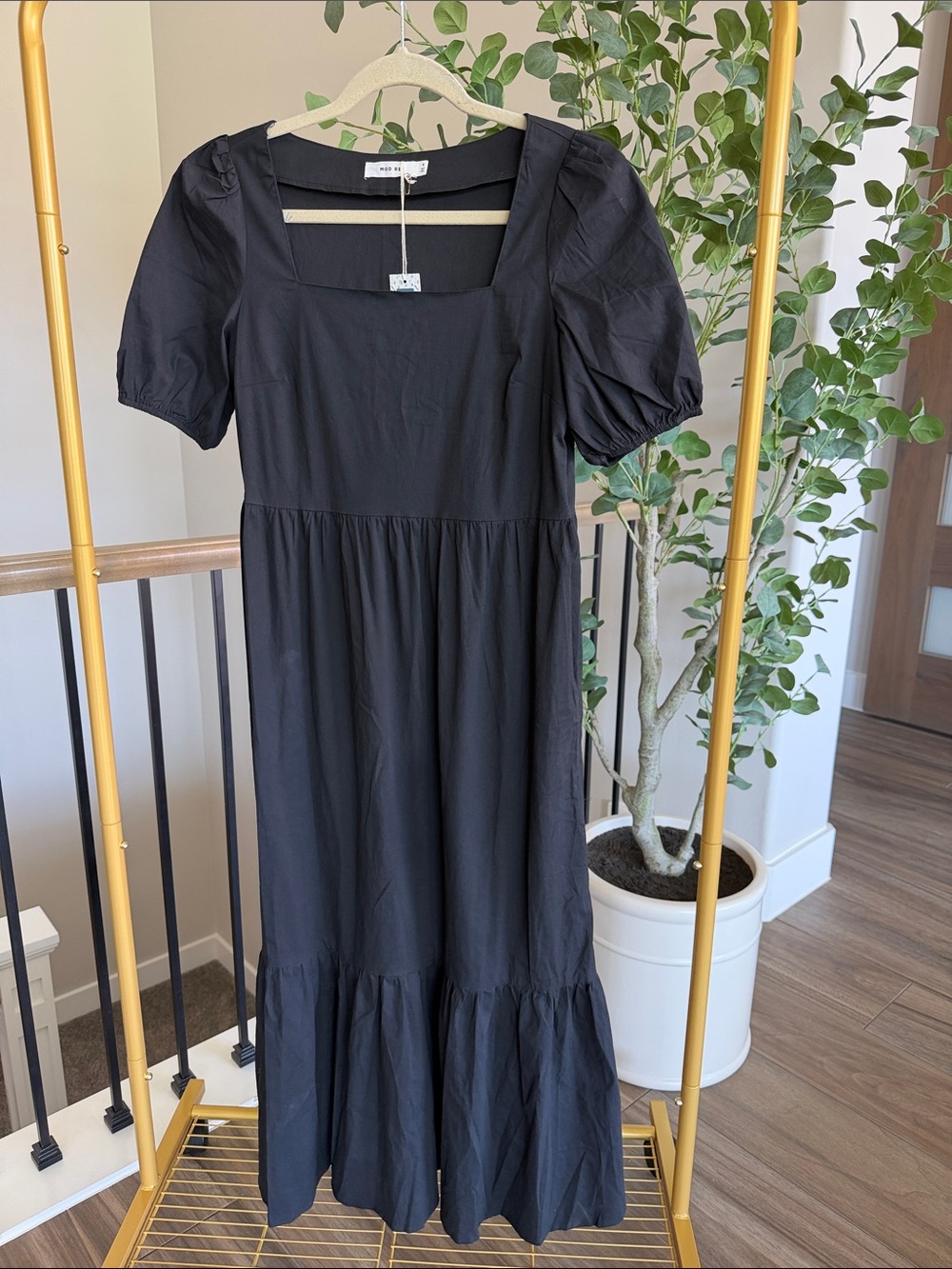 Black Puff-Sleeve Midi Dress - Elegant Square Neck